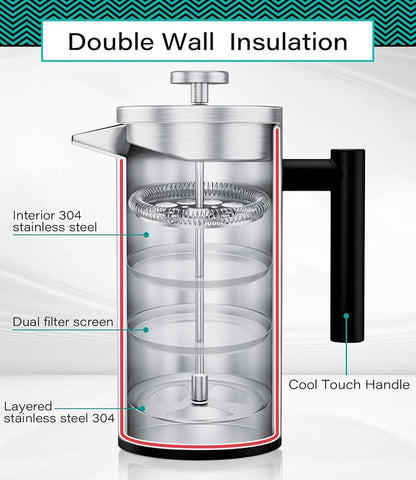 Coffee Gator 304 Grade Stainless Steel French Press Coffee Maker 34 oz, Double Wall Insulated Hot Cold Brew Teapot with 4-Level Filtration System, Include Travel Jar Canister, Rust-Free, Travel, Black