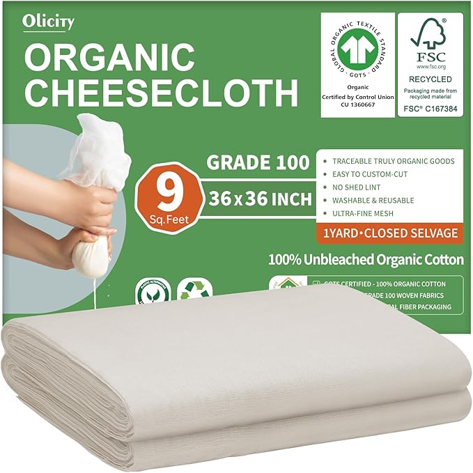 Organic Cheese Cloths, GOTS Certified, Grade 100, 36x36Inch, Reusable Cheese Cloth with Closed Edges Fabric Fine Mesh Cloth, Unbleached Cotton Muslin Cheesecloth for Straining,Cooking,Crafts - 9 Sq.Ft