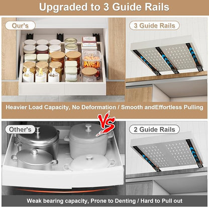 2Pc Pull out Cabinet Organizer,Width (14"-21"),Depth(17"-24") Expandable with 3 Rails,No Drill Roll out Drawers,Adhesive Sliding Drawers,Slide out Shelves for Cabinets Without Lip,Kitchen,Pantry,White