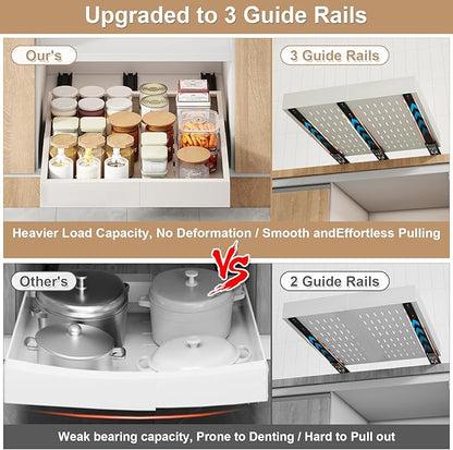 2Pc Pull out Cabinet Organizer,Width (11"-18") and Depth(10"-13"),Expandable With 3 Rails,Cabinet Roll out Drawers,Adjustable Slide out shelves for Kitchen and Pantry,for Cabinets Without Lip,White