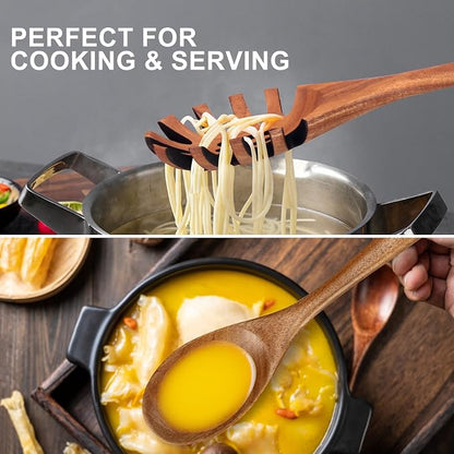 9 Pcs Wooden Spoons for Cooking Utensils with Utensil Holder Teak Wood Kitchen Utensils Set Flat Wooden Spatula Cooking Mixing Spoons Spaghetti Spoon Slotted Turner Scraper Spatula Large Utensils