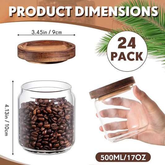 Irenare 24 Pack Glass Containers Canister Set, 17 oz Food Storage Spice Jars with Airtight Lids, Clear Kitchen Containers for Coffee Sugar Tea Beans Nuts Candy Pantry Organization (Wood)