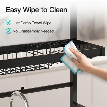 MAJALiS 3 Tier Extra Large Stainless Steel Expandable Over The Sink Dish Drainer Drying Rack, Rust Proof Metal, Space Saving, Modern Black Big Capacity Extendable Plate Strainers Above Counter
