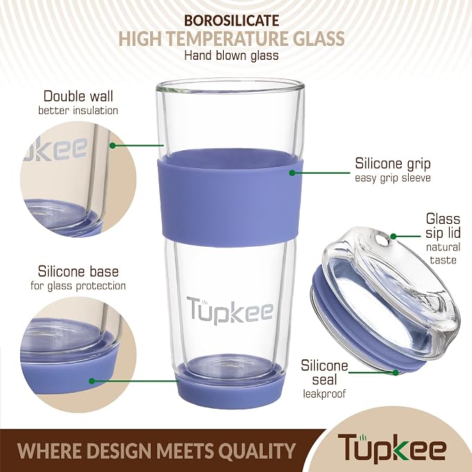 Double Wall All Glass Tumbler - 14-Ounce, Reusable Insulated Tea/Coffee Mug & Lid, Hand Blown Glass Travel Mug - Jacaranda - 2 Pack