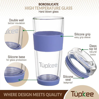 Double Wall All Glass Tumbler - 14-Ounce, Reusable Insulated Tea/Coffee Mug & Lid, Hand Blown Glass Travel Mug - Jacaranda - 2 Pack
