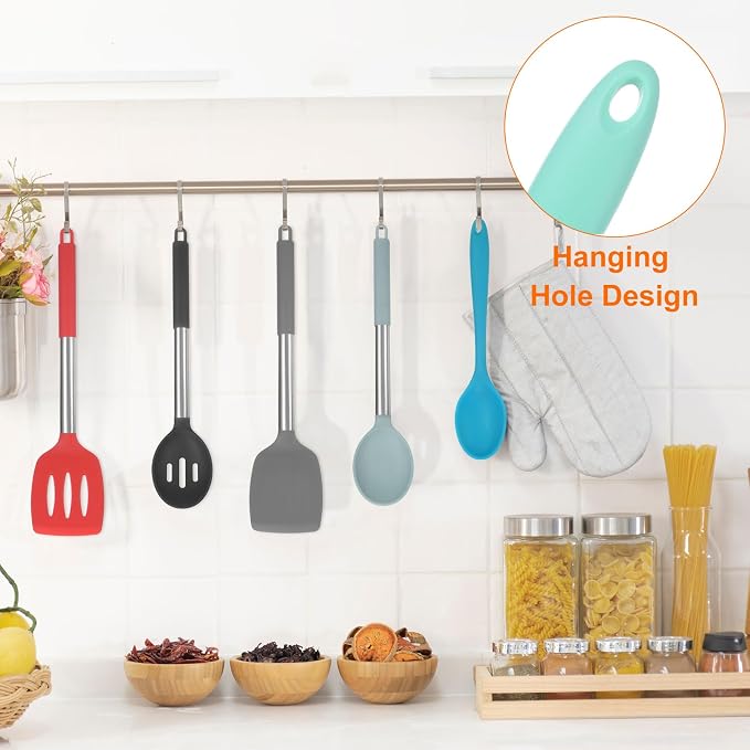 HARFINGTON 2Pcs Silicone Spoons, Heat Resistant Kitchen Cooking Utensil Spoon for Cooking, Mixing, Stirring and Serving, Green