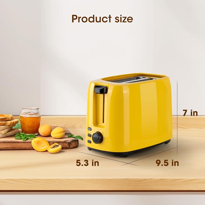 Yellow 2-Slice Toaster for Bread & Bagel, 7 Adjustable Browning Shades | 1.3in Extra Wide Slots, 750W Even Double-Side Toasting, Defrost Reheat Cancel Modes, Removable Crumb Tray & Cord Storage