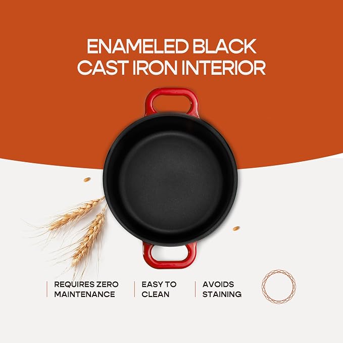 Krustic Enameled Cast Iron Dutch Oven for Sourdough Bread Baking | 6 Quart Round Pot with Lid | 10 Inch Ceramic Enamel Thick Coated Cookware Set with Non Stick Silicone Baking Mat for Cooking | 6 Qt | Red