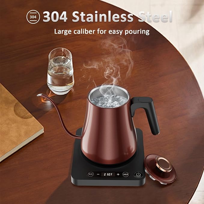 Gooseneck Electric Kettle with Temperature Control, 1.0L Pour Over Coffee Kettle, 1000W Fast Boil Tea Heater, Keep Warm Function, LED Display, 304 Stainless Steel, Vintage Copper, BPA-Free