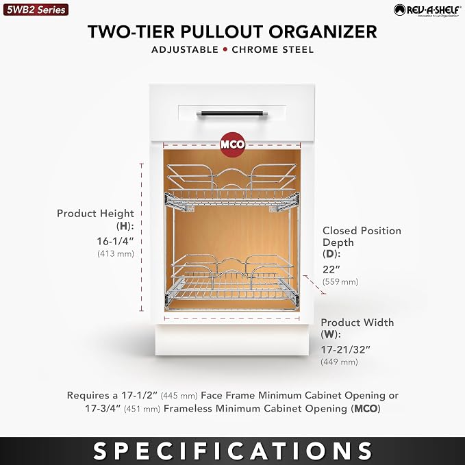 Rev-A-Shelf 2-Tier Pullout Shelf and Drawer Organizer for Kitchen Cabinets, Slide Out Storage Basket, Min Opening Width of 17.5", 18" x 22", 5WB2-1822CR-1