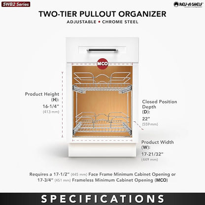 Rev-A-Shelf 2-Tier Pullout Shelf and Drawer Organizer for Kitchen Cabinets, Slide Out Storage Basket, Min Opening Width of 17.5", 18" x 22", 5WB2-1822CR-1