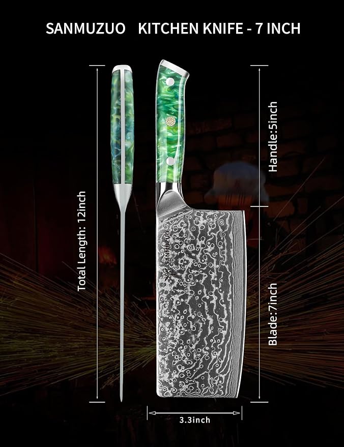 Chinese Chef Knife - 7" Cleaver Knife- Xuan Series - VG10 Damascus Steel Kitchen Knife - Resin Handle (Jade Green)