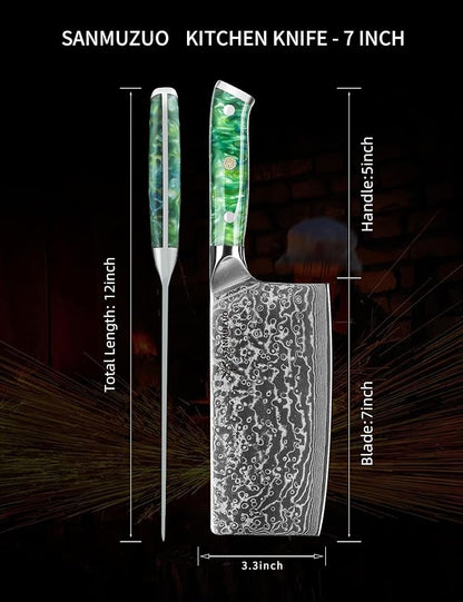 Chinese Chef Knife - 7" Cleaver Knife- Xuan Series - VG10 Damascus Steel Kitchen Knife - Resin Handle (Jade Green)