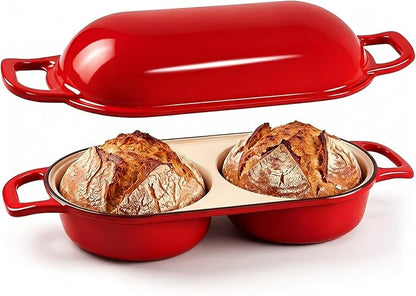 Double Dutch Oven Bread Baker, Cast Iron Sourdough Baking Pan with Lid, Dual Loaf Artisan Bread Cooker, Small Dutch Oven for Bread Baking for Home Kitchen, Professional 500°F Heat Resistant Red Enamel
