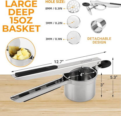Potato Ricer 15oz, Heavy Duty Stainless Steel Potato Masher with 3 Interchangeable Discs, Large Masher and Ricer Kitchen Tool for Mashed Potatoes, Spaetzle Noodle Maker, Potato Press