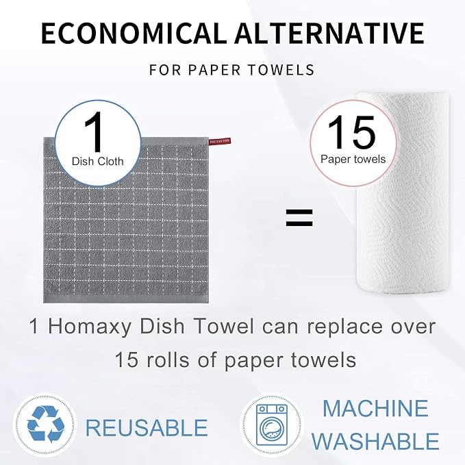 Homaxy 100% Cotton Terry Kitchen Dish Cloths, Ultra Soft and Absorbent Dish Towels for Kitchen, Suitable for Drying and Washing Dishes, 8 Pack, 12 x 12 Inches, Grey