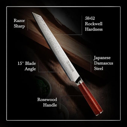 Hammer Stahl 10 Inch Damascus Slicer | Meat Cutting & BBQ Knife With Rosewood Handle | Carving Japanese Forged 67-Layer AUS10 Steel | Full-Tang Japanese Style Slicing With Gift Box