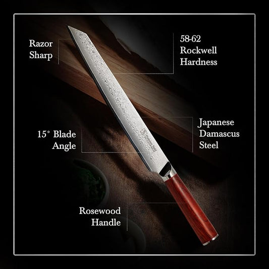 Hammer Stahl 10 Inch Damascus Slicer | Meat Cutting & BBQ Knife With Rosewood Handle | Carving Japanese Forged 67-Layer AUS10 Steel | Full-Tang Japanese Style Slicing With Gift Box