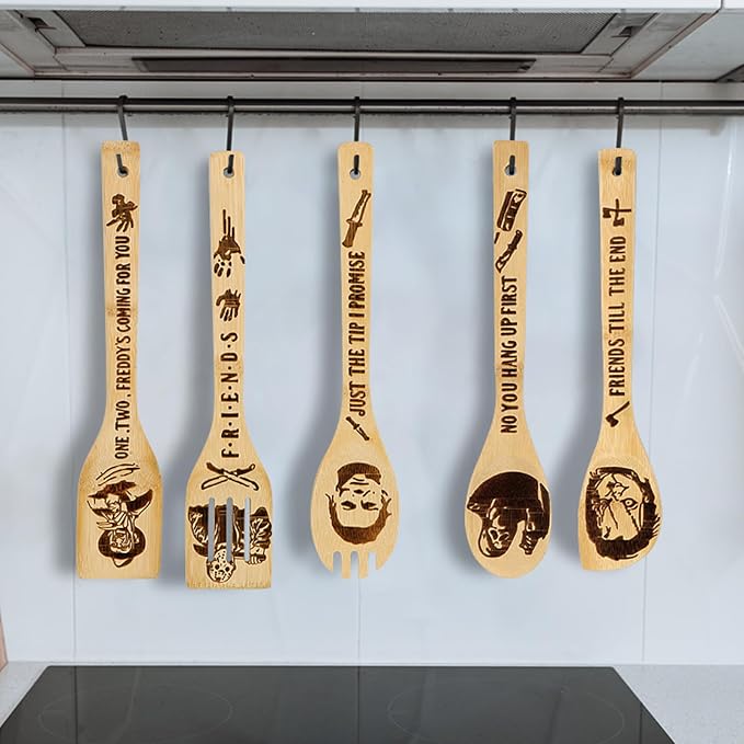 5Pcs Horror Movie Merchandise - Wooden Spoons for Cooking, Halloween Kitchen Accessories, Engraved Bamboo Cooking Utensils, Horrors Movie Decor, Horrors Movie Gifts