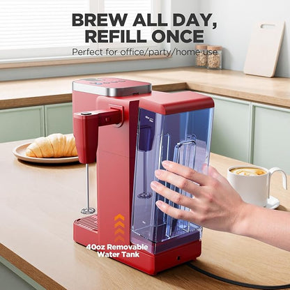 Tastyle 330MF Single Serve Coffee Maker with Built-in Detachable Milk Frother, Iced and Hot Coffee Machine for K Cup & Grounds, 40oz Removable Water Reservoir, 6 Cup Sizes, Fits 7.3" Travel Mug, Red