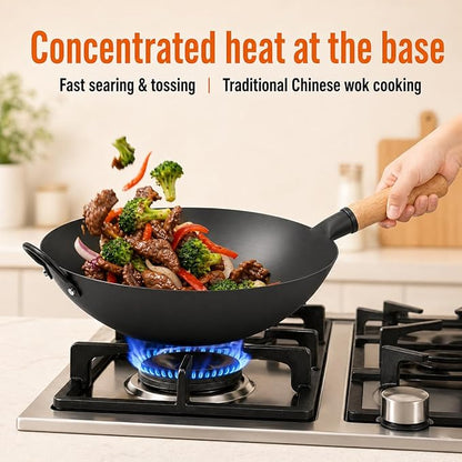 WANGYUANJI 13.4 Inch Round Bottom Carbon Steel Wok, Nitrided Iron Chinese Stir Fry Pan for Gas Wok Burner, Wok Ring Needed for Flat Gas Grates, Wooden Handle