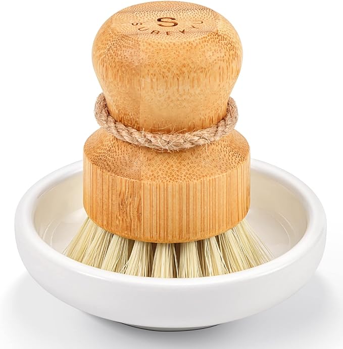 SUBEKYU Bamboo Dish Scrub Brush for Kitchen Sink, Natural Wooden Washing Dish Brush Scrubber with Sisal Bristles for Household Cleaning, Cast Iron Pots, Pans and Vegetables