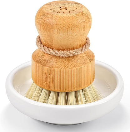 SUBEKYU Bamboo Dish Scrub Brush for Kitchen Sink, Natural Wooden Washing Dish Brush Scrubber with Sisal Bristles for Household Cleaning, Cast Iron Pots, Pans and Vegetables