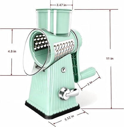 Rotary Cheese Grater with 5 Well-designed Blades & Strong Suction Base, Kitchen Mandoline Vegetable Slicer with Blade Storage Box (Aqua)