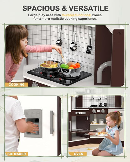 Babytronic Corner Wooden Play Kitchen Set for Kids w/Lights & Sounds, Pretend Play Kitchen Playset with Stove, Microwave, Ice Maker & Accessories, Perfect for Toddlers & Multiple Children (Coffee)