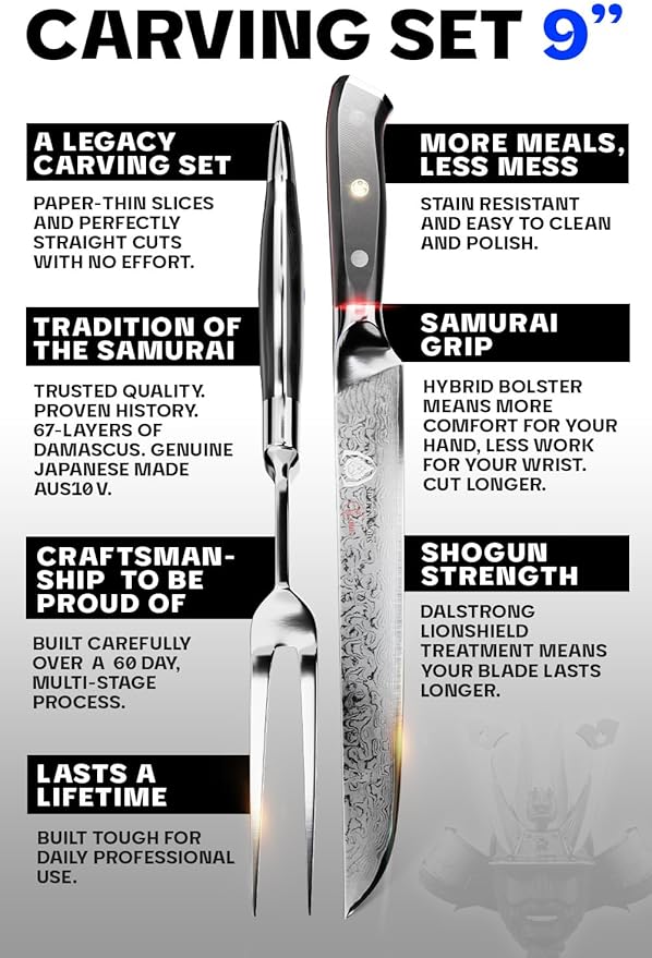 Dalstrong Slicing Brisket Knife Set Meat Fork - Carving Set - AUS-10V Japanese Steel - Premium G10 Handle - Sheath - Shogun Series Butcher Knife - Carving Knife - Slicer Boning Knife for Meat Cutting