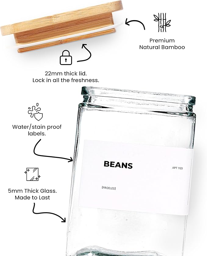 APT 1101 Glass Storage Jars with Bamboo Lid, glass canisters with airtight lids, Clear jars with lids for Spice, Cookie, Candy, Tea, Coffee Bean and Rice (White, 26 oz, Set of 6)