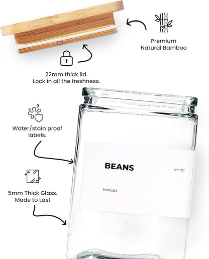 APT 1101 Glass Storage Jars with Bamboo Lid, glass canisters with airtight lids, Clear jars with lids for Spice, Cookie, Candy, Tea, Coffee Bean and Rice (White, 26 oz, Set of 6)