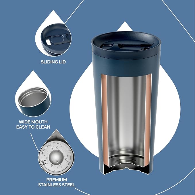 Ideus 17 oz Travel Coffee Mug, Double Wall Vacuum Stainless Steel Insulated Coffee Tumbler With Lid, Splash-Proof & Cup Holder Friendly, Keeps Drinks Hot/Cold, Dishwasher Safe, Navy