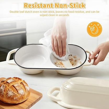 Mini Double Dutch Oven For Sourdough Bread Baking, 2.2QT Enameled Cast Iron Dutch Oven Pot With Lid, Non Stick Dual Round Bread Loaf Pan, 500°F Oven Safe, Sourdough Baking Pan For Homemade Baking