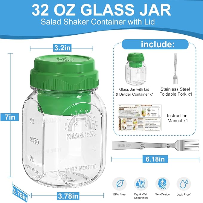 [UPGRADE] 1 Pack Glass Salad Pod with Silicone Divider Container for Lunch Meal Prep, Leakproof Salad Jar with Lid & Fork, Separation Divider for Dressing Sauces & Dry Ingredients, 32 oz Mason Jar