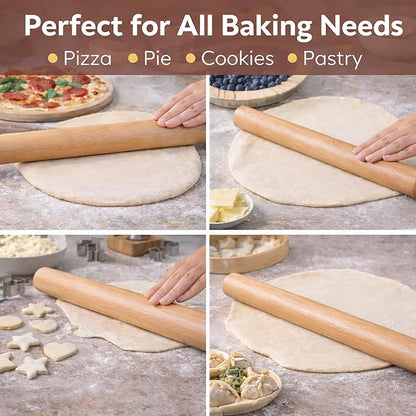 17 Inch French Rolling Pin, Wooden Dough Roller for Baking, Solid Wood Tapered Rolling Pin for Pizza, Pie Crust, Cookies, Pastry, Non-Stick, Easy Control Kitchen Baking Tool, European Beech Wood