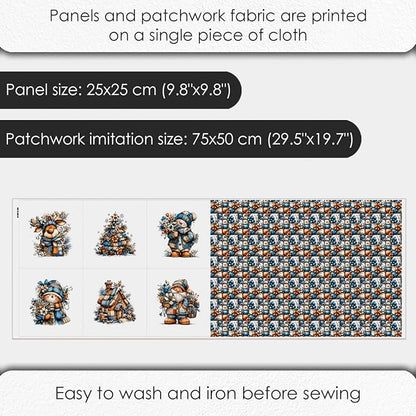 Winter Patchwork Snowman Quilting Fabric Panel – 6× (10×10 inch) Blocks + Bonus Patchwork Sheet 29.5×19.6 inch, 100% Cotton 140 GSM, Blue–Orange Floral Winter Theme