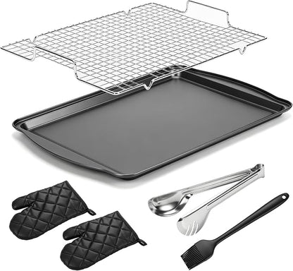 17.3" Large Baking Sheet with Rack & Glove, Carbon Steel Cookie Sheets for Baking, Nonstick Heavy Duty, Dishwasher Safe, Easy Clean, Dark Gray
