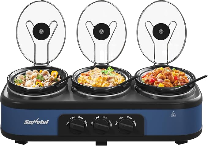 Triple Slow Cooker, 3 x 2.5 QT Buffet Food Warmer with Removable Ceramic Pots, Buffet Servers and Warmers with Glass Lids and 3 Spoons, Stainless Steel, Blue