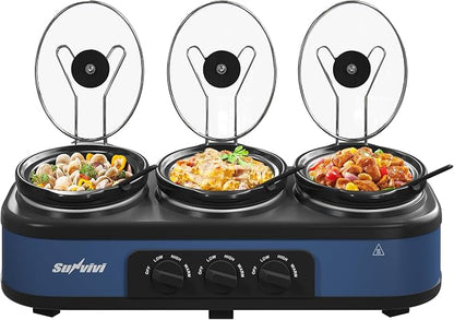 Triple Slow Cooker, 3 x 2.5 QT Buffet Food Warmer with Removable Ceramic Pots, Buffet Servers and Warmers with Glass Lids and 3 Spoons, Stainless Steel, Blue