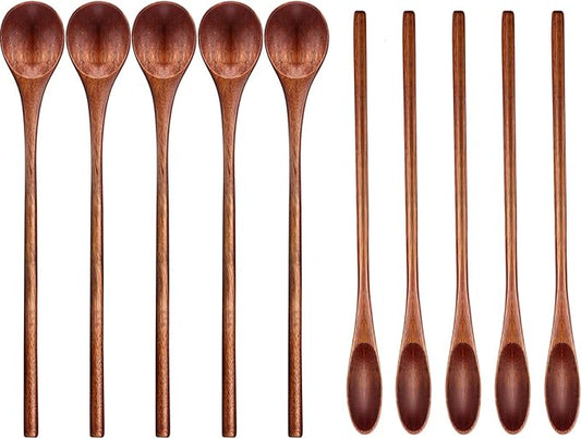 Patelai 10 Pieces Wooden Coffee Spoons Long Handle Mixing Wooden Spoon Handmade Stirring Teaspoon for Kitchen Stirring