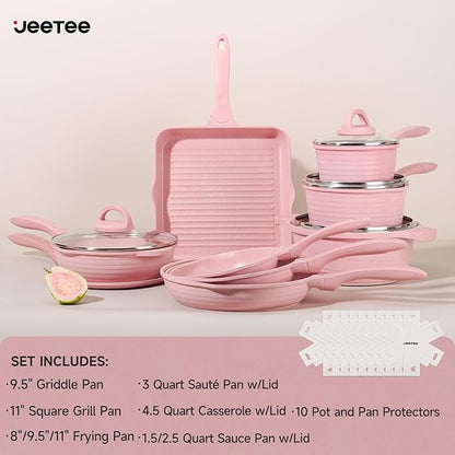 JEETEE Pink Pots and Pans Set Nonstick 23pcs, Healthy Kitchen Cookware Sets, Induction Cooking Set Pink Frying Pans, Saucepans, Sauté & Griddle & Crepe Pan (PFOA & PFAS Free)