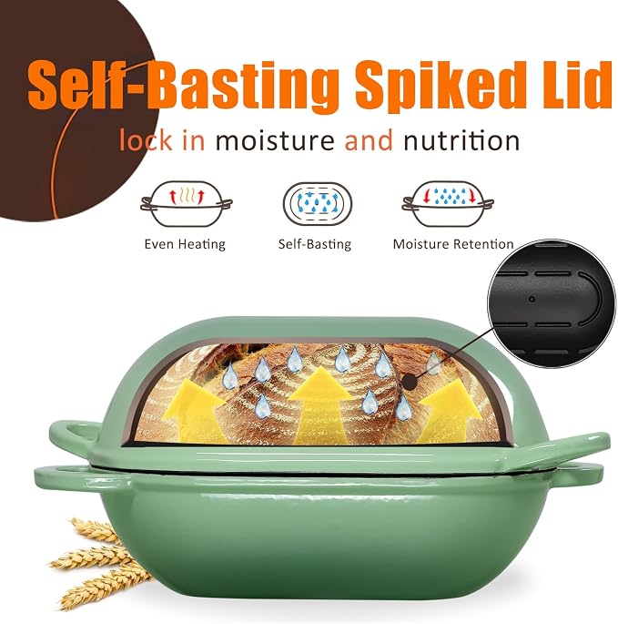 Enameled Cast Iron Sourdough Bread Oven, 5 QT Loaf Cast Iron Bread Pan with Lid, Oval Dutch Oven for Homemade Bread Baking, Meatloaf Pan with Lid (Fig Green)