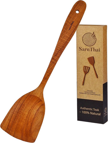 SarnThai Handmade Teak Wood Spatula – Durable Wooden Turner for Stir Fry Cooking, Long Handle Natural Cooking Utensil for Non-Stick Pans & Woks