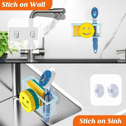 MURLONG Sponge Holder Smiley Face,Sink Caddy for Kitchen Sink,Sponge Holder with 2 PCS Suction Cups/1 PCS Adhesive Strips,Designed for Sponge,Soap,Dish Brush,Scrubber-Blue