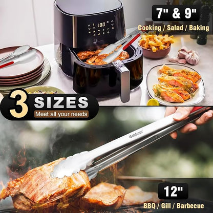 Eddeas Tongs For Cooking - 7",9" and 12 inch Kitchen Tong Heat Resistant 600 Degrees Stainless Steel Tongs, Heavy Duty Metal Locking Tong, Perfect for Food, BBQ Red Set of 3
