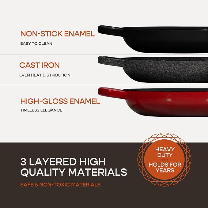 Krustic Enameled Cast Iron Dutch Oven for Sourdough Bread Baking | 6 Quart Round Pot with Lid | 10 Inch Ceramic Enamel Thick Coated Cookware Set with Non Stick Silicone Baking Mat for Cooking | 6 Qt | Red