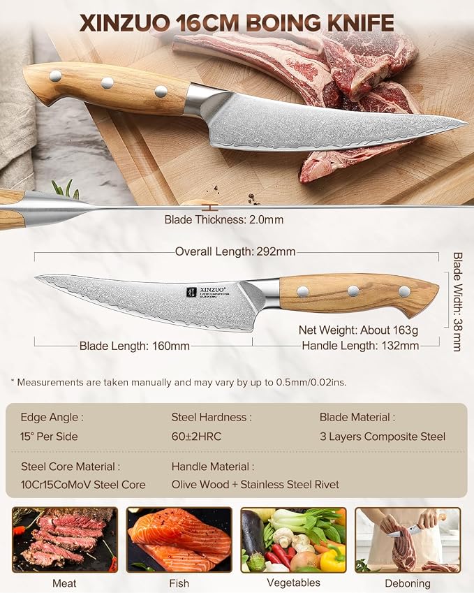 XINZUO Curved Boning Knife 6.3 Inch, 3 Layers Composite Steel,For Meat Cutting, Filleting-Full Tang With Ergonomic Olive Wood Handle
