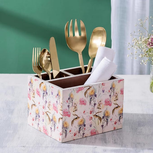 nestroots Silverware, Napkins & Spoon Holder, Acacia Wooden Utensil Caddy, Organizer Countertop, Cutlery Holder for Party, Fork, Knife Organizer (Pink)
