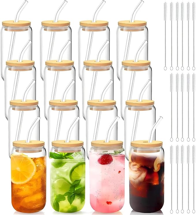 Glass Cups with Lids and Straws Set of 16, 16 oz Can Glasses with Bamboo Lids and Glass Straws, Iced Coffee Cups for Beer, Tea, Soda, Summer Hosting, Parties, Family Gatherings and Coffee Bar
